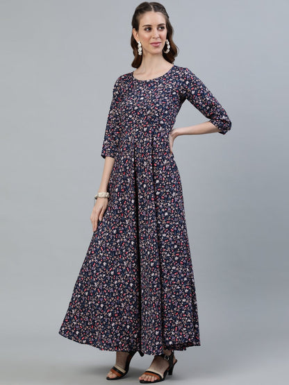 Women Blue Floral Printed Maxi Dress With Three Quarter Sleeves | LASVINI - Redefining Indian Fashion with Elegance