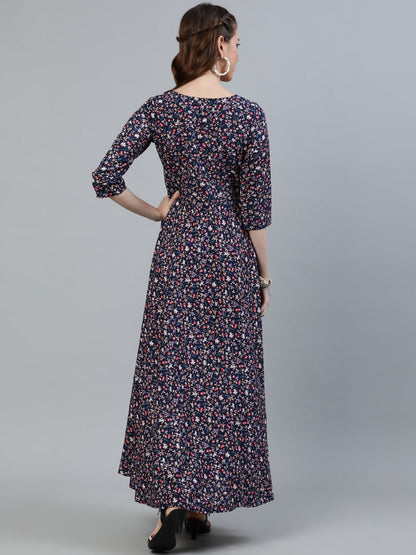 Women Blue Floral Printed Maxi Dress With Three Quarter Sleeves | LASVINI - Redefining Indian Fashion with Elegance