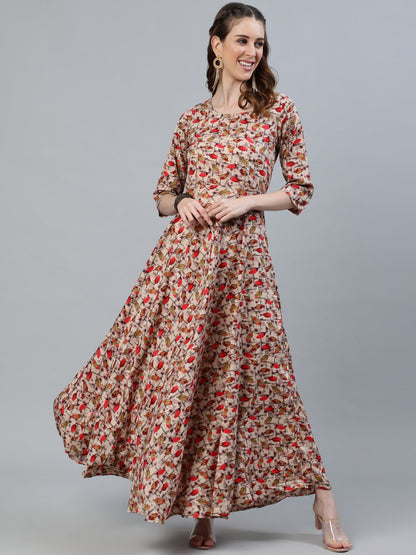 Women Blue Floral Printed Maxi Dress With Three Quarter Sleeves | LASVINI - Redefining Indian Fashion with Elegance