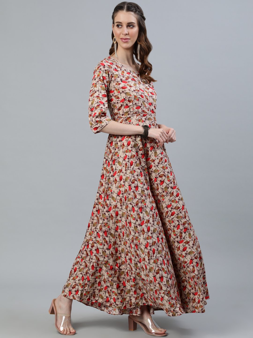 Women Blue Floral Printed Maxi Dress With Three Quarter Sleeves | LASVINI - Redefining Indian Fashion with Elegance