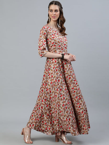 Women Blue Floral Printed Maxi Dress With Three Quarter Sleeves | LASVINI - Redefining Indian Fashion with Elegance