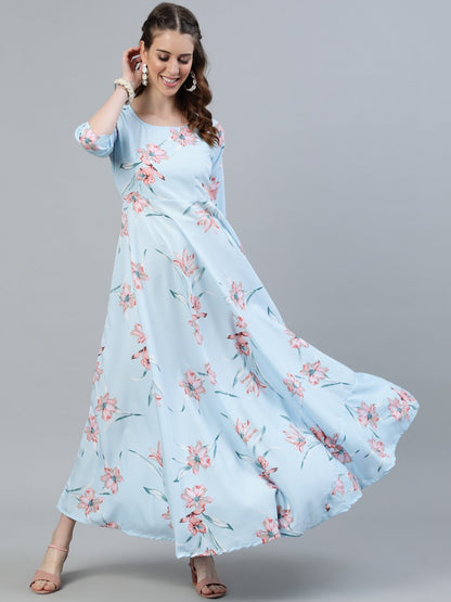 Women Pastel Blue Floral Printed Maxi Dress With Three Quarter Sleeves | LASVINI - Redefining Indian Fashion with Elegance