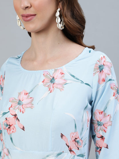 Women Pastel Blue Floral Printed Maxi Dress With Three Quarter Sleeves | LASVINI - Redefining Indian Fashion with Elegance