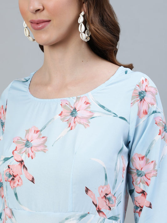 Women Pastel Blue Floral Printed Maxi Dress With Three Quarter Sleeves | LASVINI - Redefining Indian Fashion with Elegance