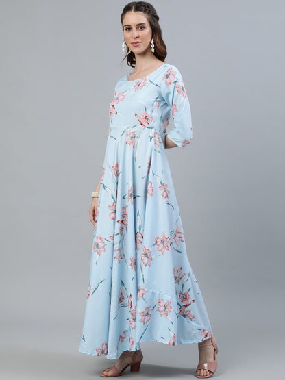 Women Pastel Blue Floral Printed Maxi Dress With Three Quarter Sleeves | LASVINI - Redefining Indian Fashion with Elegance