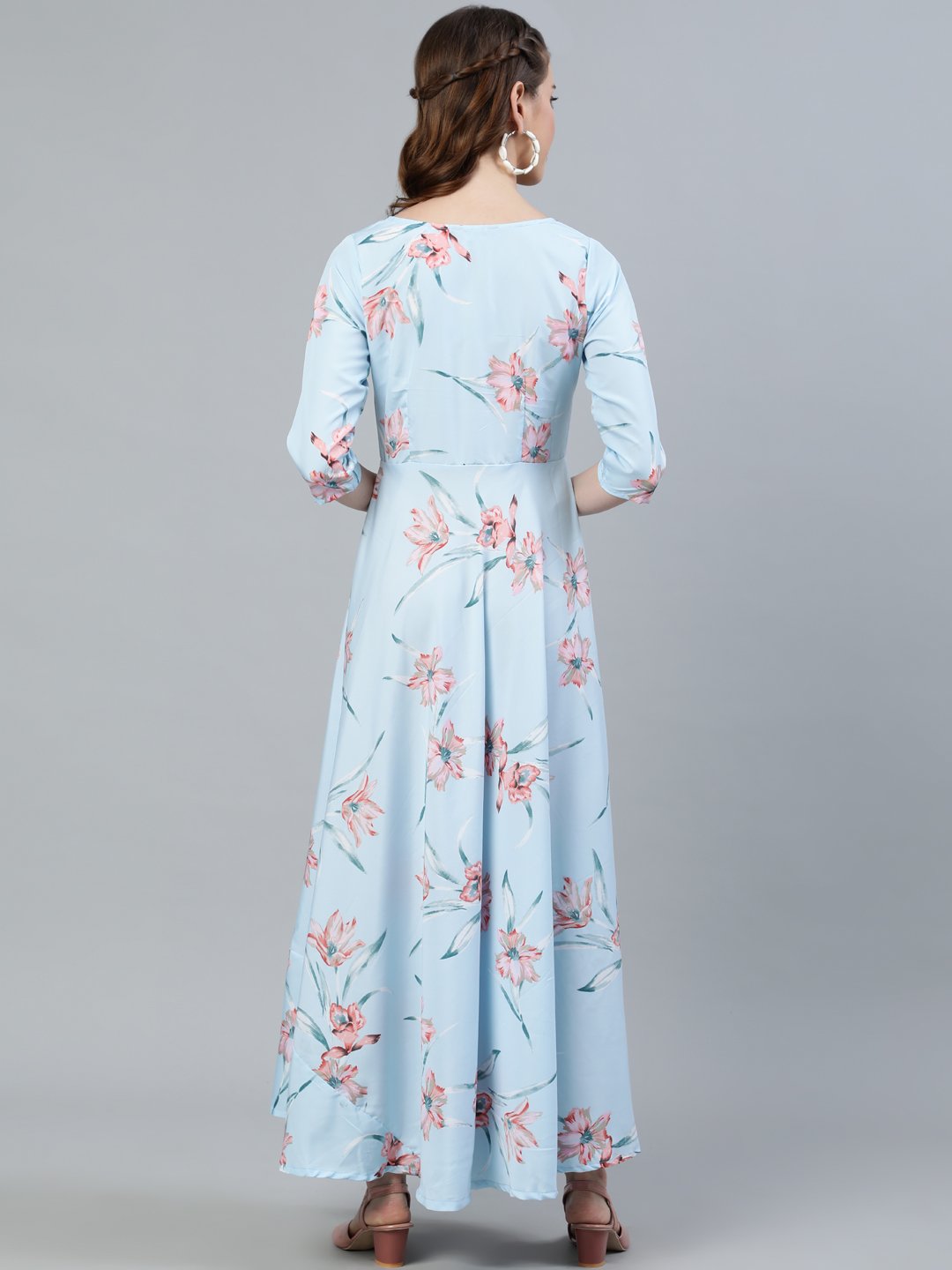 Women Pastel Blue Floral Printed Maxi Dress With Three Quarter Sleeves | LASVINI - Redefining Indian Fashion with Elegance
