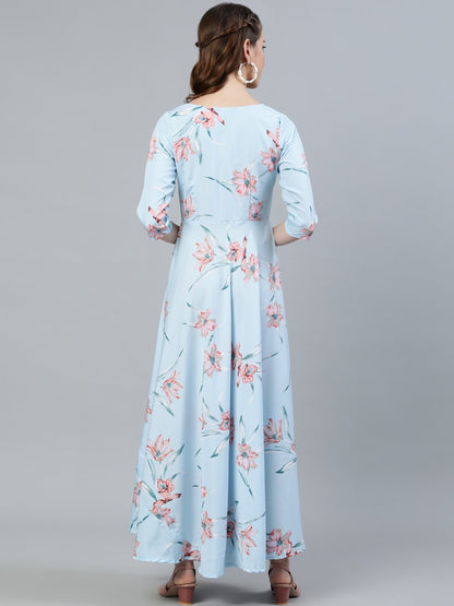Women Pastel Blue Floral Printed Maxi Dress With Three Quarter Sleeves | LASVINI - Redefining Indian Fashion with Elegance