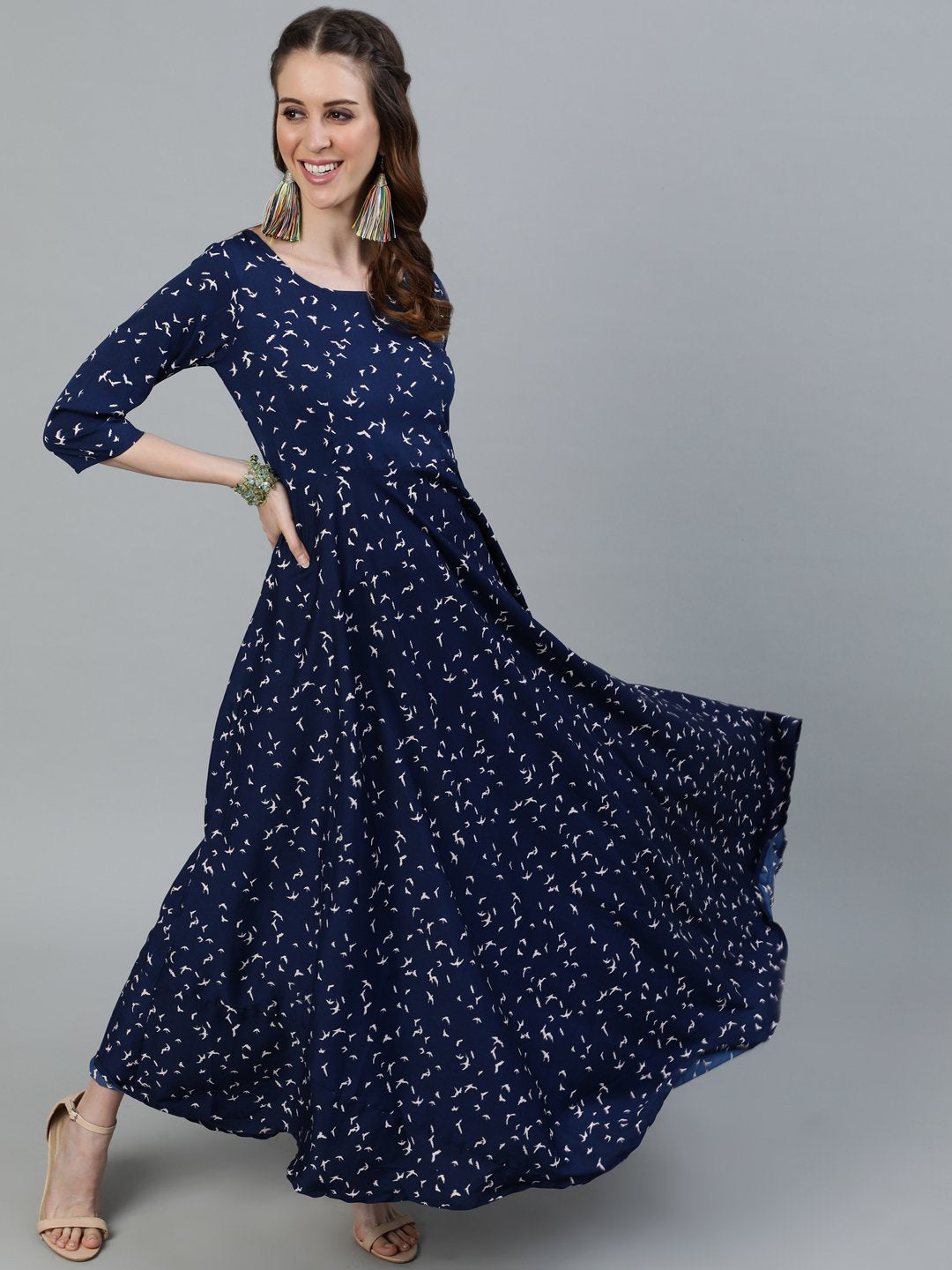 Women Navy Blue Printed Maxi Dress With Three Quarter Sleeves | LASVINI - Redefining Indian Fashion with Elegance