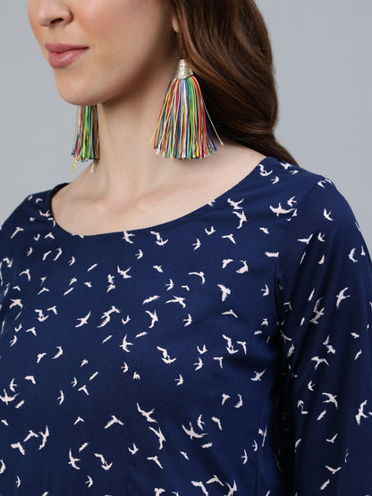 Women Navy Blue Printed Maxi Dress With Three Quarter Sleeves | LASVINI - Redefining Indian Fashion with Elegance