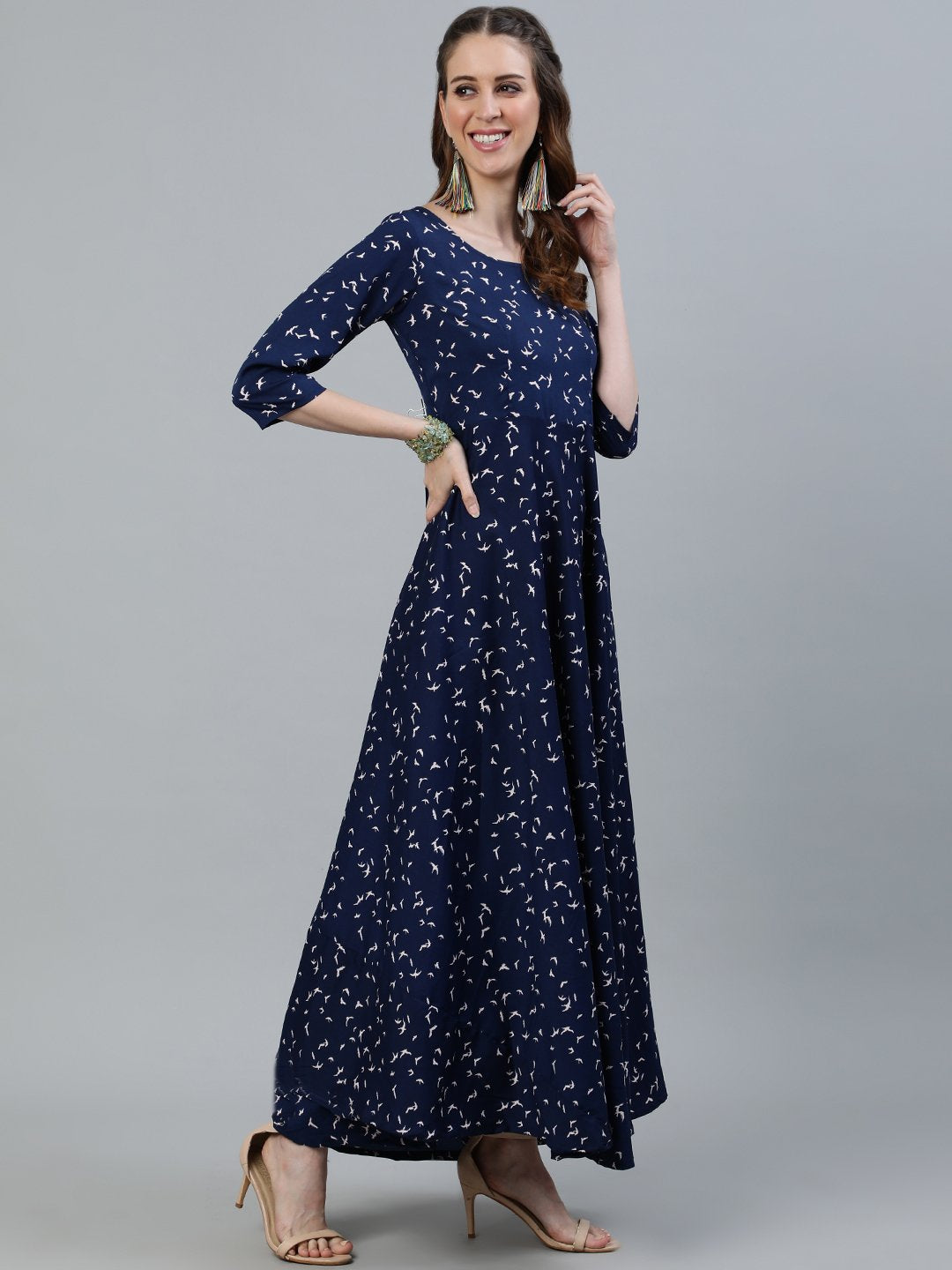 Women Navy Blue Printed Maxi Dress With Three Quarter Sleeves | LASVINI - Redefining Indian Fashion with Elegance