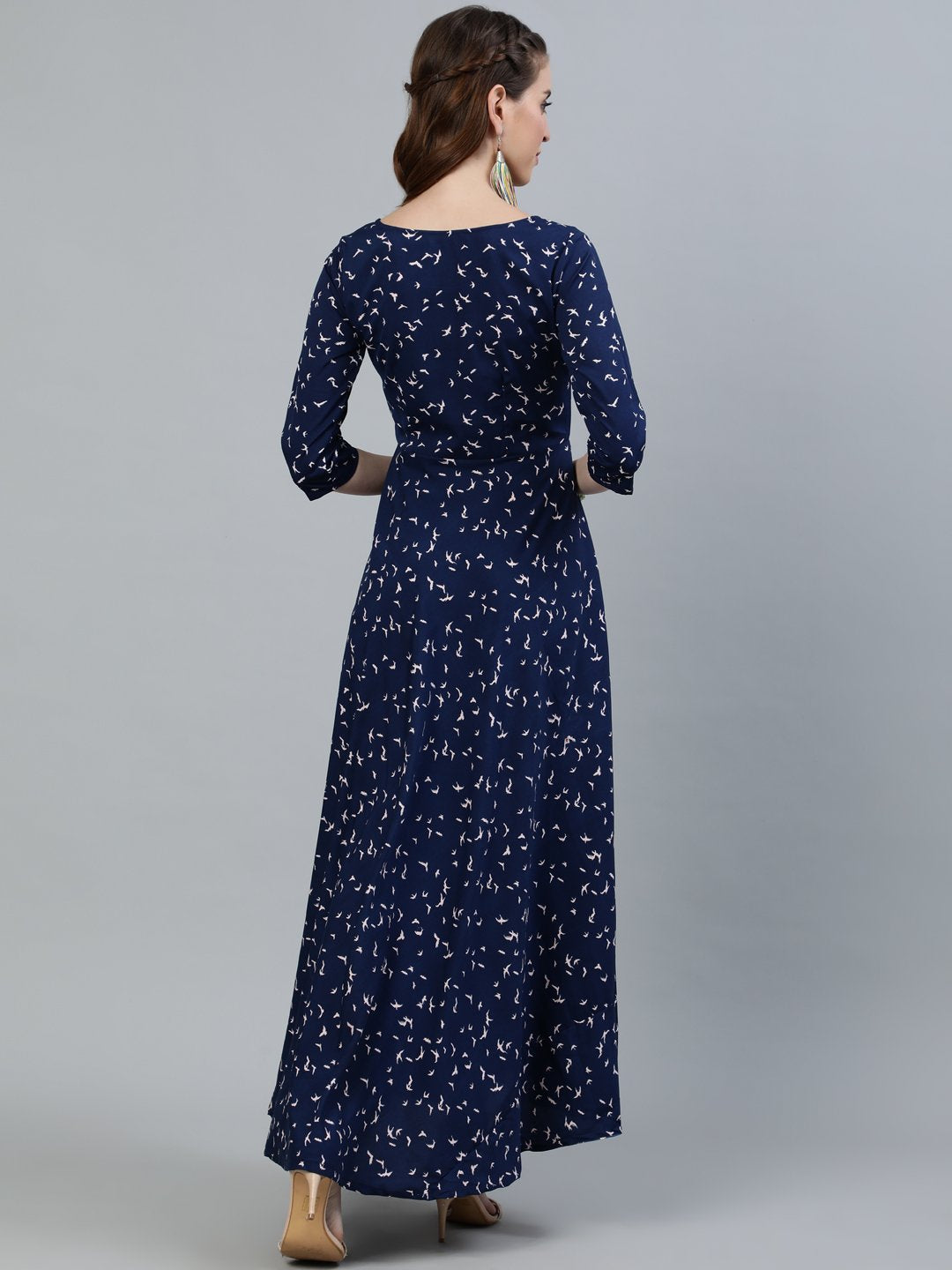 Women Navy Blue Printed Maxi Dress With Three Quarter Sleeves | LASVINI - Redefining Indian Fashion with Elegance