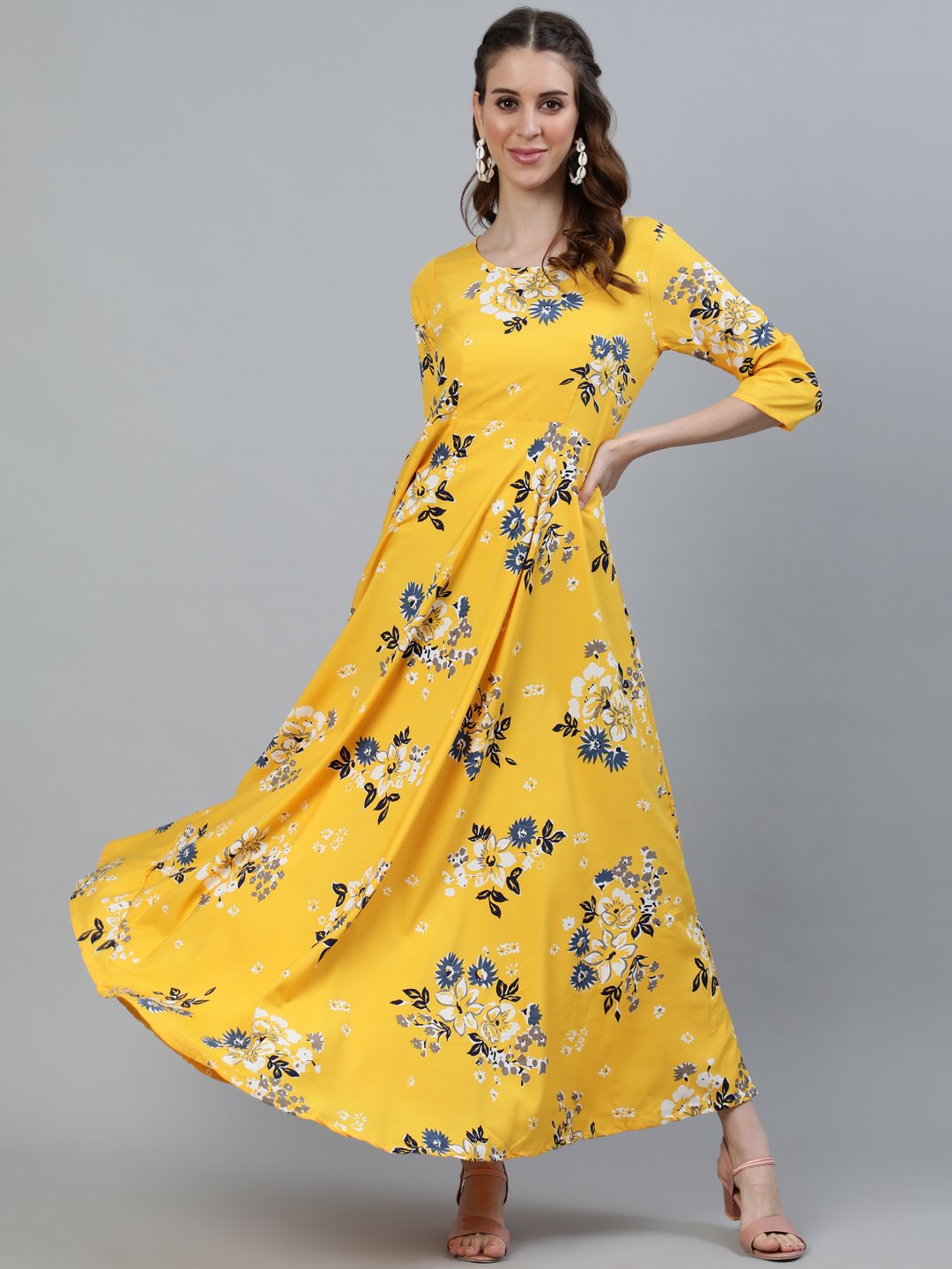 Women Yellow Printed Maxi Dress With Three Quarter Sleeves | LASVINI - Redefining Indian Fashion with Elegance