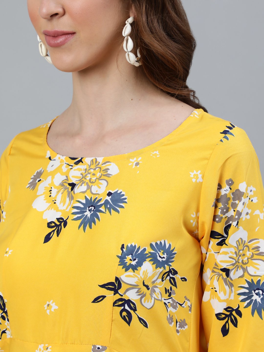 Women Yellow Printed Maxi Dress With Three Quarter Sleeves | LASVINI - Redefining Indian Fashion with Elegance