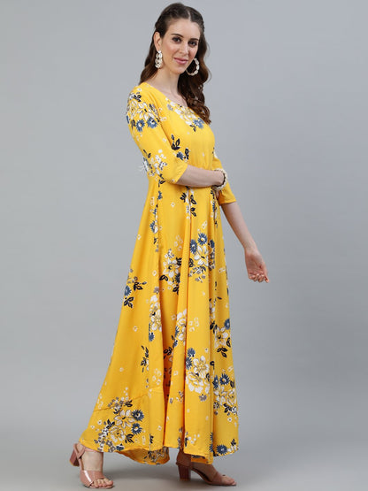 Women Yellow Printed Maxi Dress With Three Quarter Sleeves | LASVINI - Redefining Indian Fashion with Elegance
