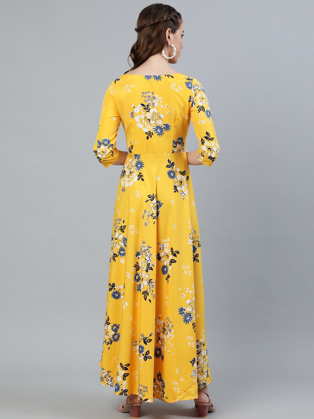 Women Yellow Printed Maxi Dress With Three Quarter Sleeves | LASVINI - Redefining Indian Fashion with Elegance