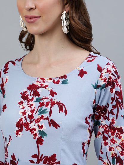 Women Blue Floral Printed Maxi Dress With Three Quarter Sleeves | LASVINI - Redefining Indian Fashion with Elegance