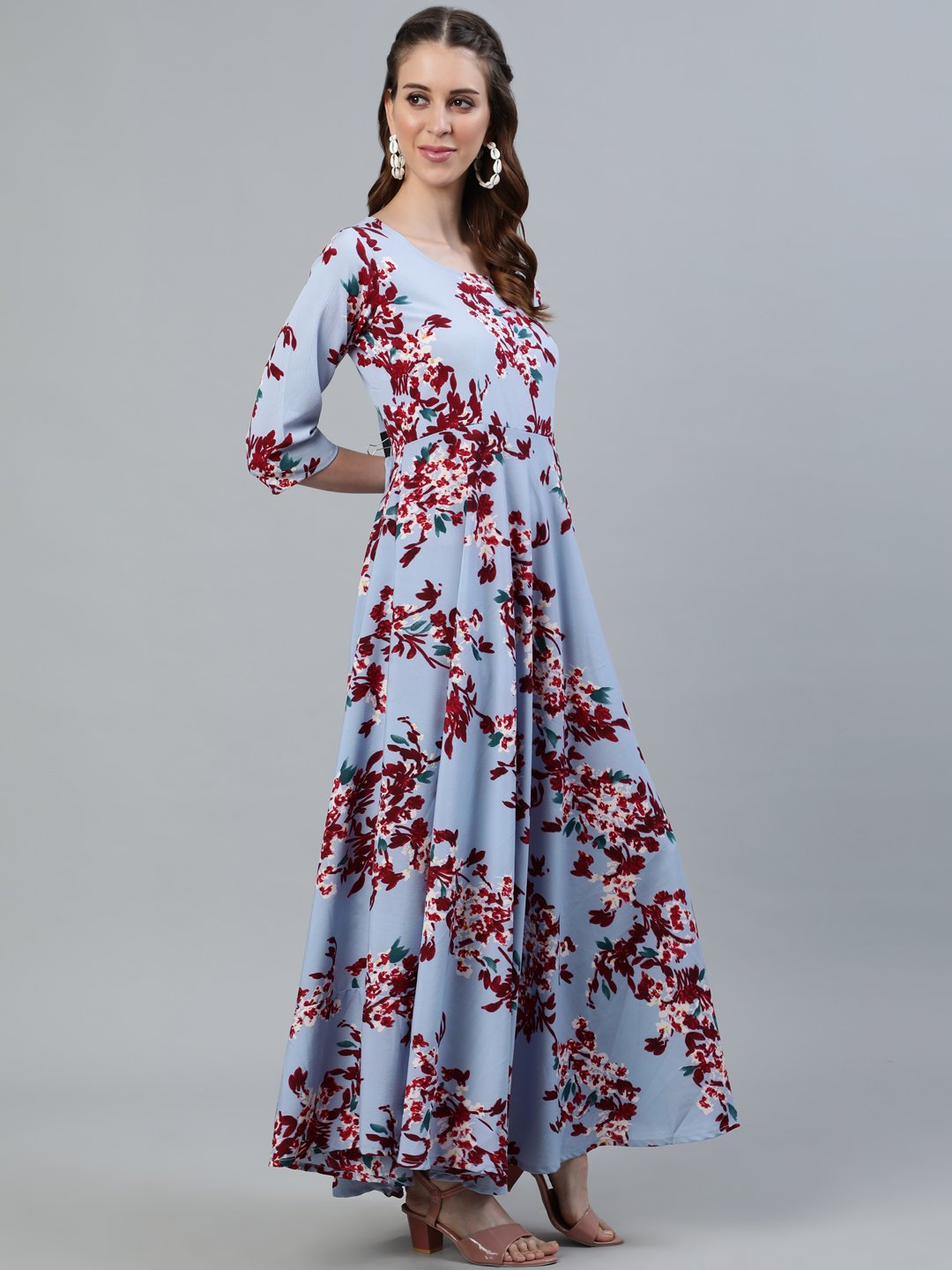 Women Blue Floral Printed Maxi Dress With Three Quarter Sleeves | LASVINI - Redefining Indian Fashion with Elegance