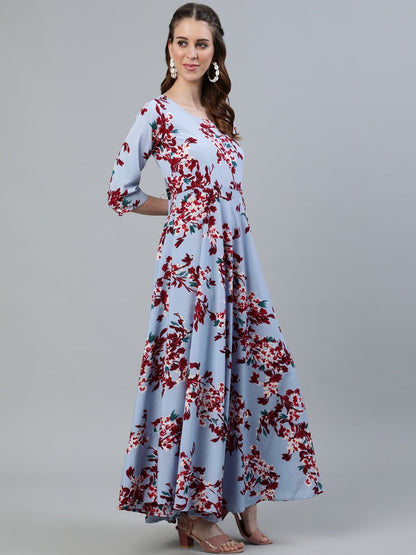Women Blue Floral Printed Maxi Dress With Three Quarter Sleeves | LASVINI - Redefining Indian Fashion with Elegance