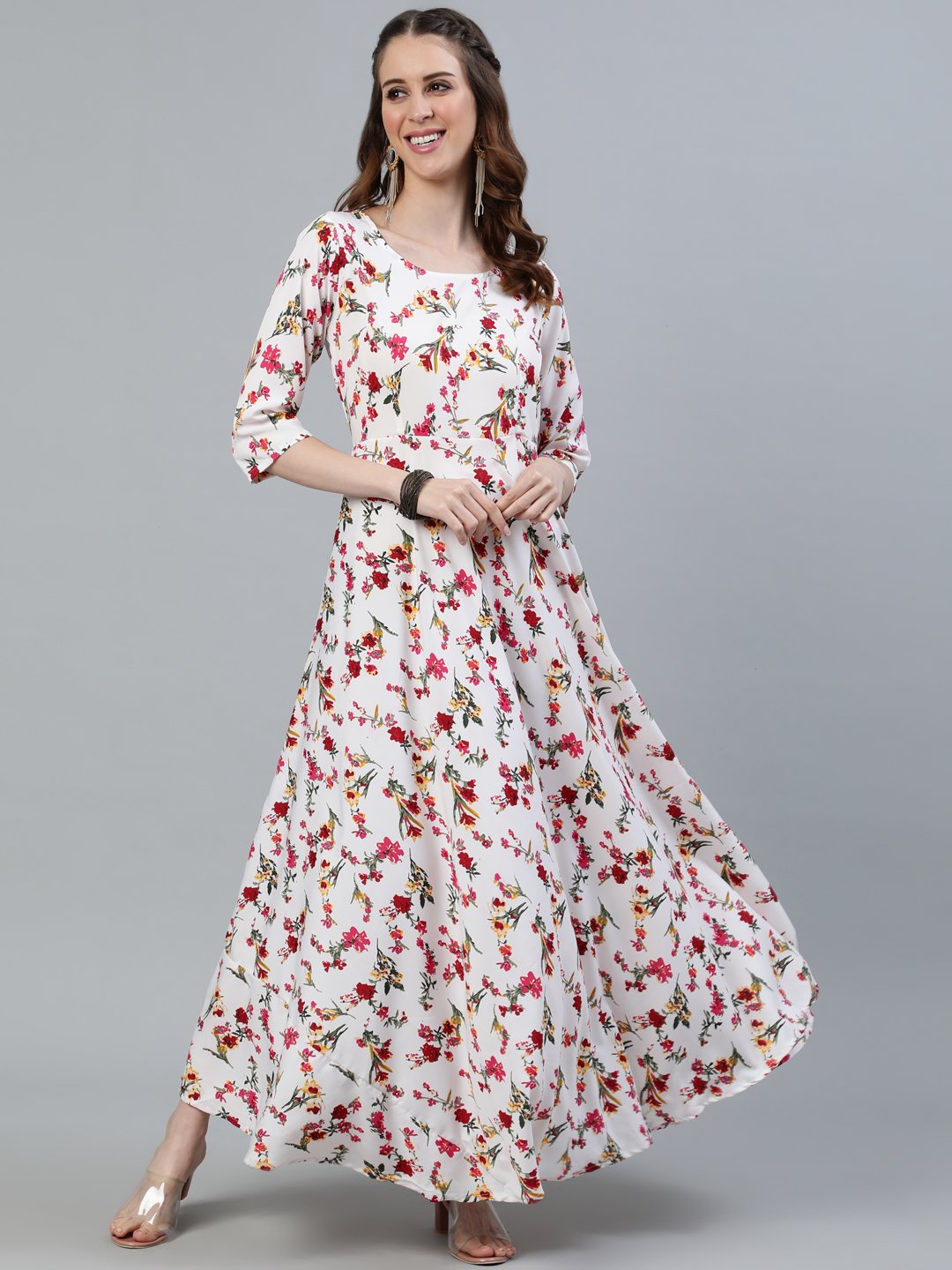 Women Off-White Floral Printed Maxi Dress With Three Quarter Sleeves | LASVINI - Redefining Indian Fashion with Elegance