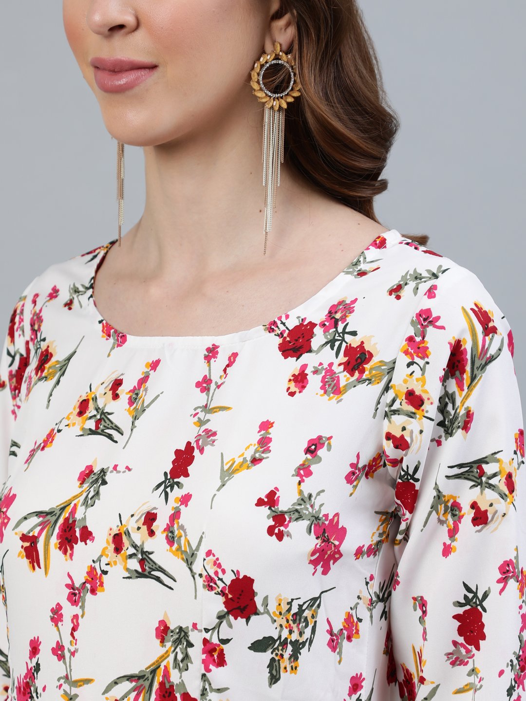 Women Off-White Floral Printed Maxi Dress With Three Quarter Sleeves | LASVINI - Redefining Indian Fashion with Elegance