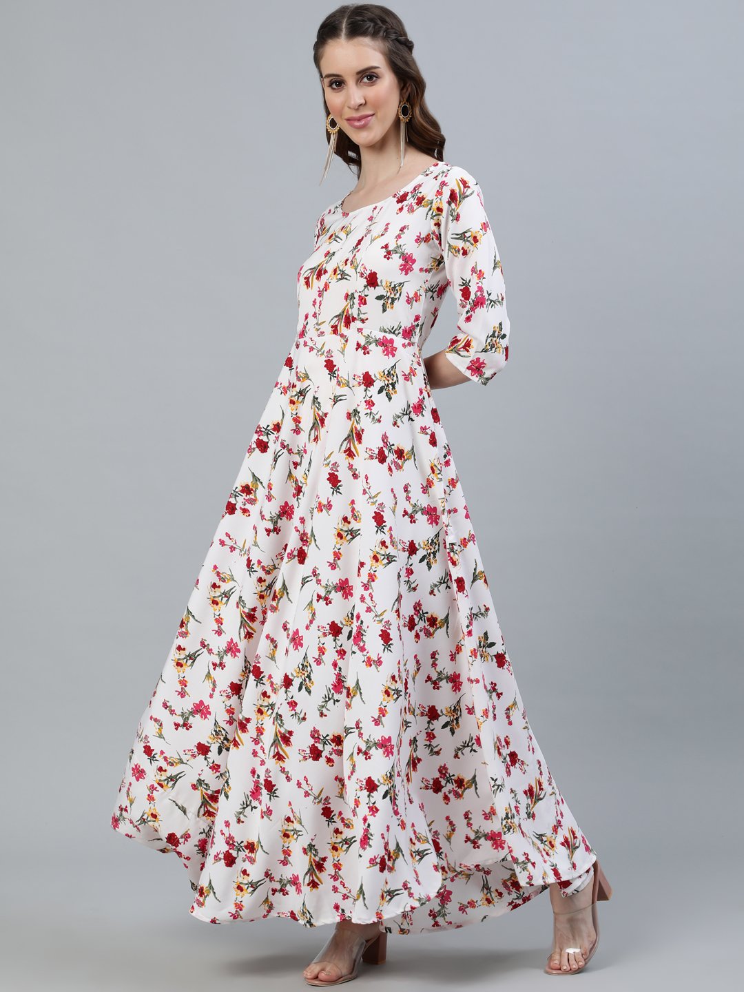 Women Off-White Floral Printed Maxi Dress With Three Quarter Sleeves | LASVINI - Redefining Indian Fashion with Elegance