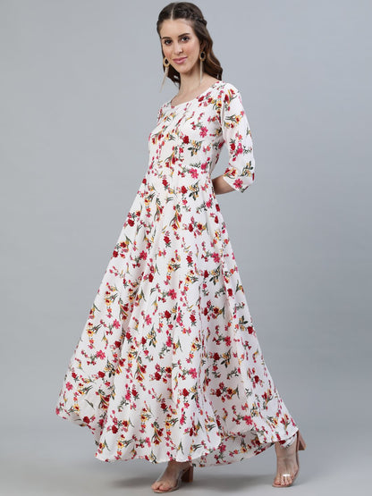 Women Off-White Floral Printed Maxi Dress With Three Quarter Sleeves | LASVINI - Redefining Indian Fashion with Elegance