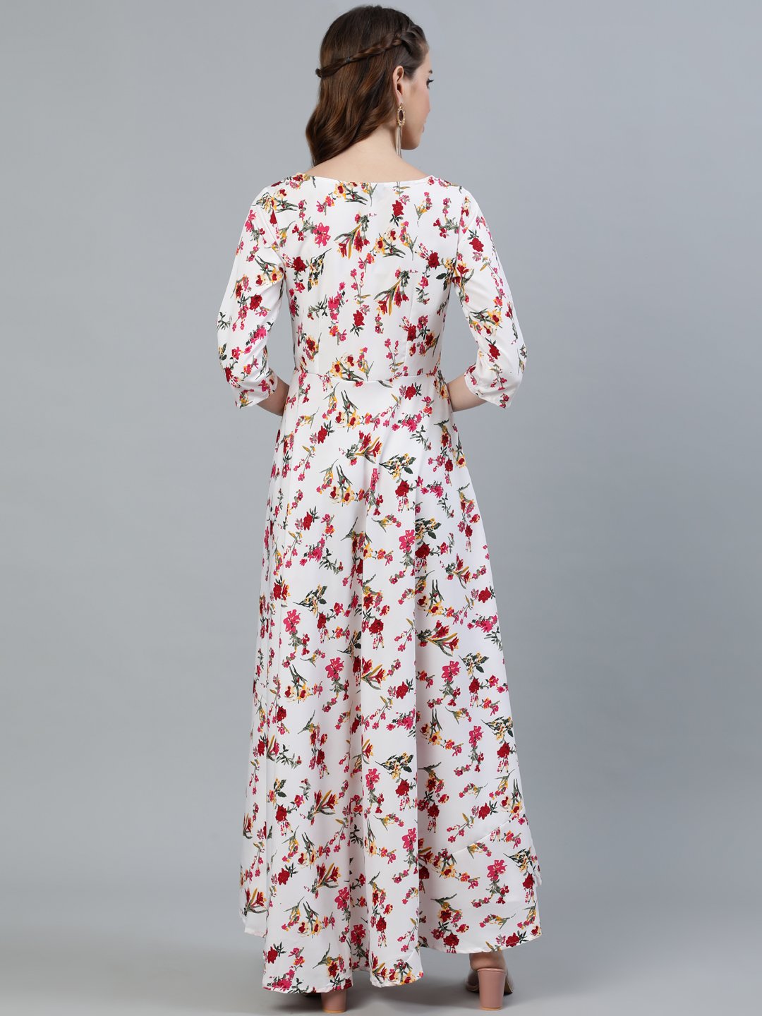 Women Off-White Floral Printed Maxi Dress With Three Quarter Sleeves | LASVINI - Redefining Indian Fashion with Elegance