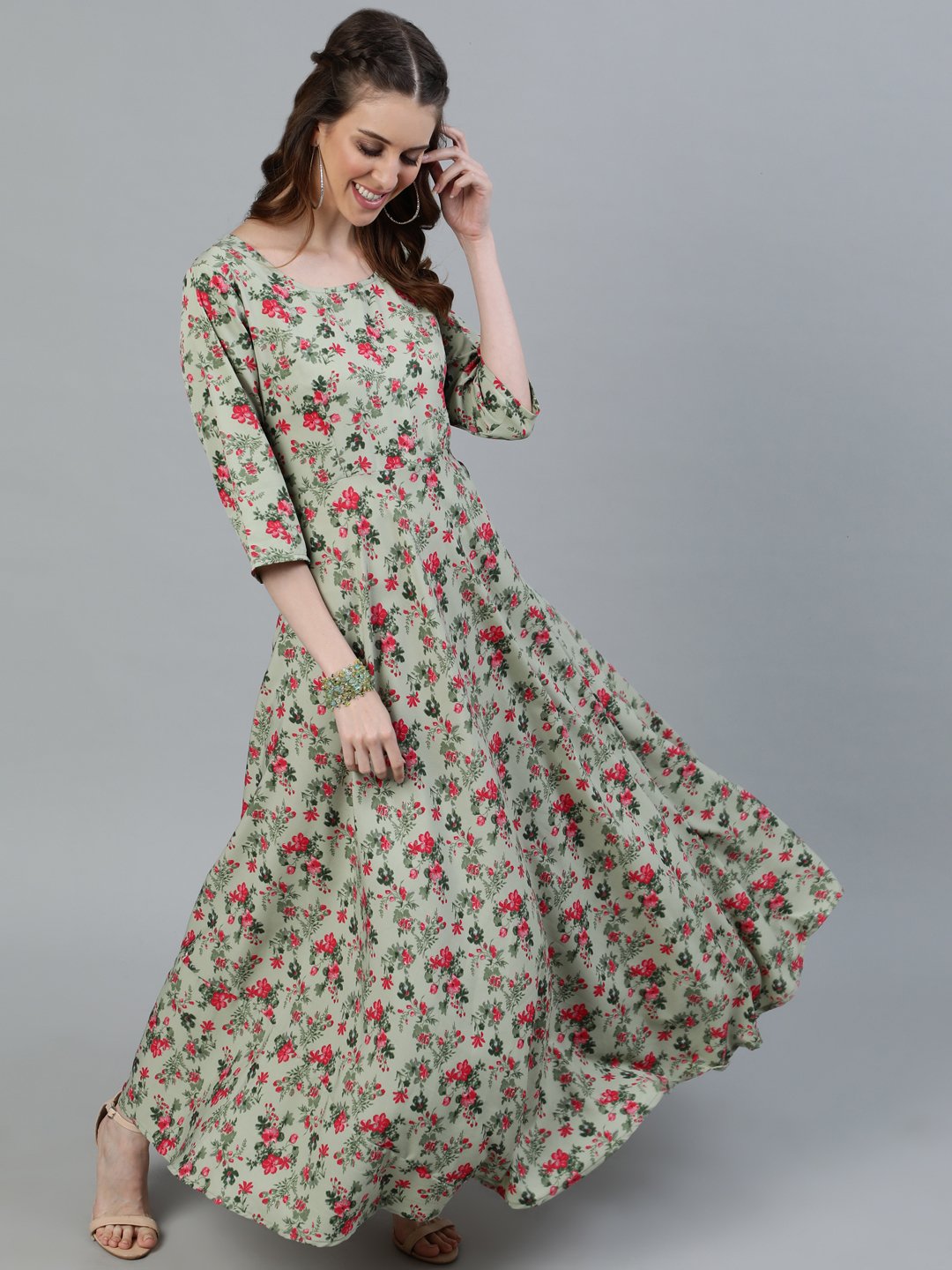 Women Green Floral Printed Maxi Dress With Three Quarter Sleeves | LASVINI - Redefining Indian Fashion with Elegance