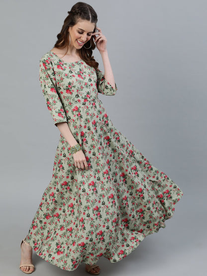 Women Green Floral Printed Maxi Dress With Three Quarter Sleeves | LASVINI - Redefining Indian Fashion with Elegance