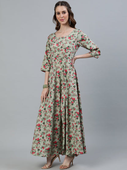 Women Green Floral Printed Maxi Dress With Three Quarter Sleeves | LASVINI - Redefining Indian Fashion with Elegance