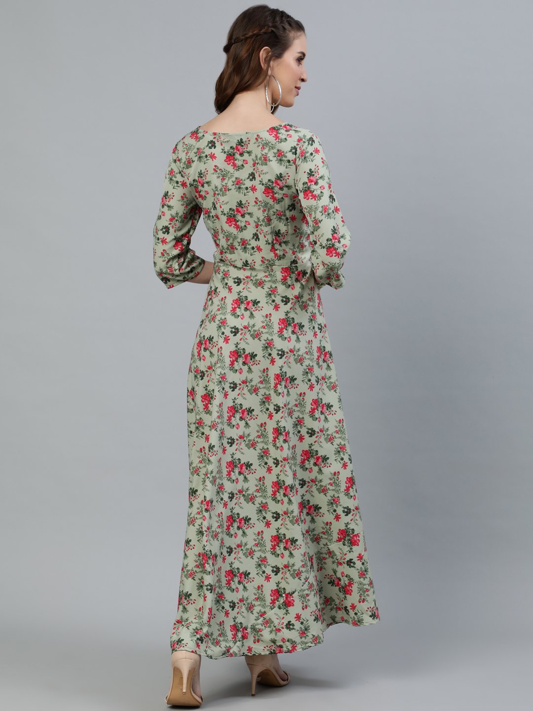 Women Green Floral Printed Maxi Dress With Three Quarter Sleeves | LASVINI - Redefining Indian Fashion with Elegance