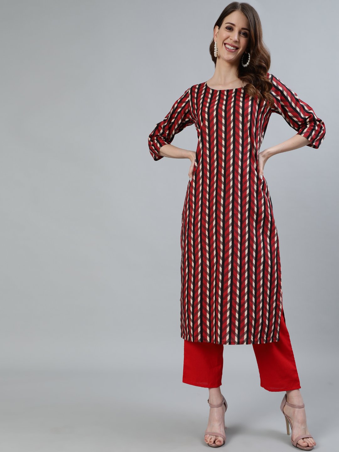 Women Maroon Printed Straight Kurta With Three Quarter Sleeves | LASVINI - Redefining Indian Fashion with Elegance