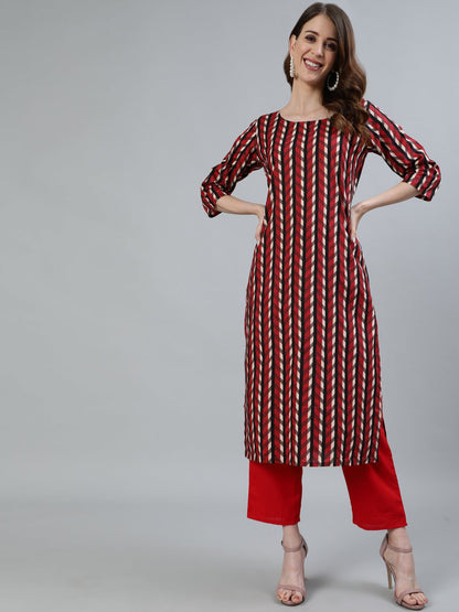 Women Maroon Printed Straight Kurta With Three Quarter Sleeves | LASVINI - Redefining Indian Fashion with Elegance