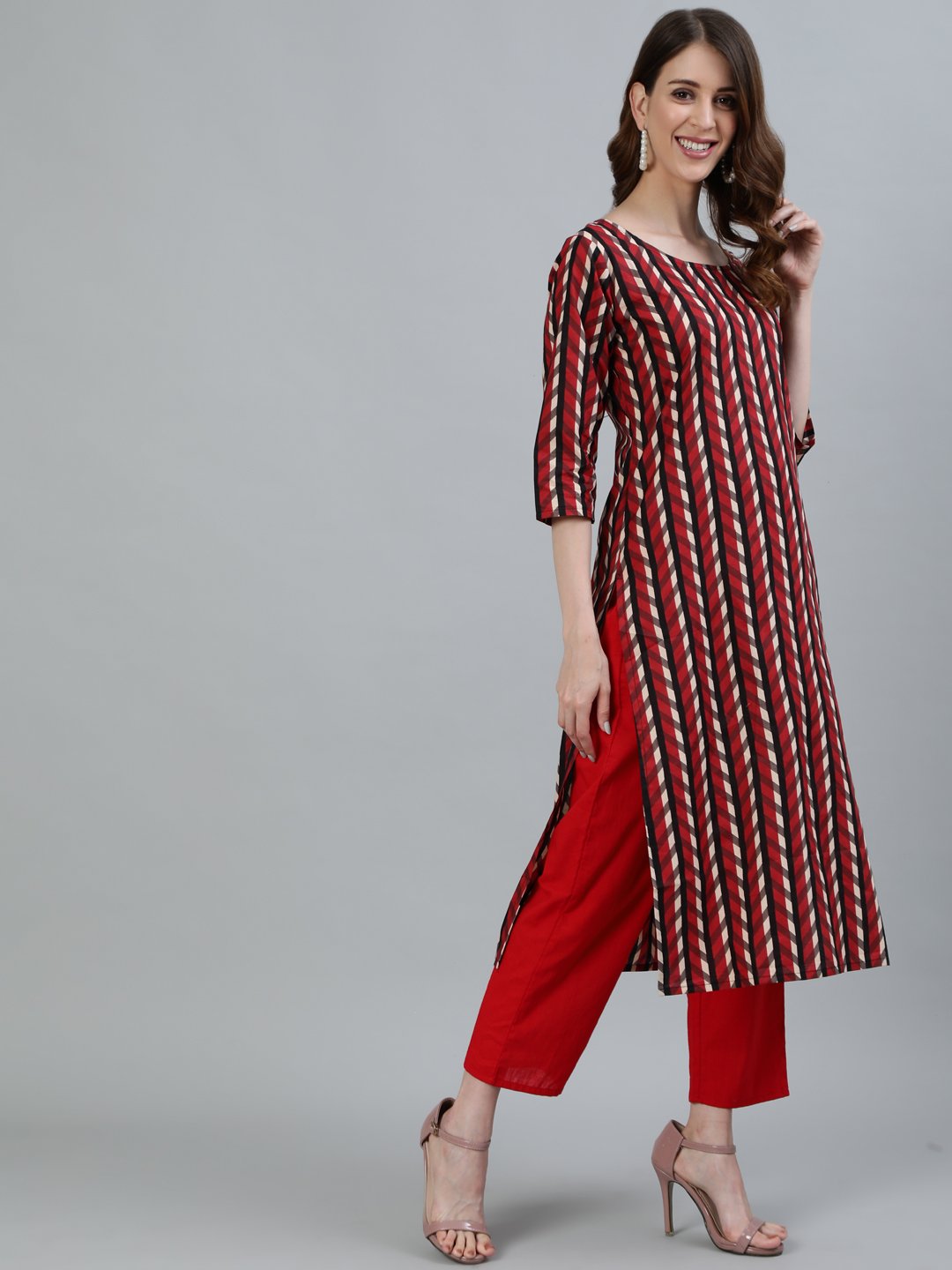 Women Maroon Printed Straight Kurta With Three Quarter Sleeves | LASVINI - Redefining Indian Fashion with Elegance