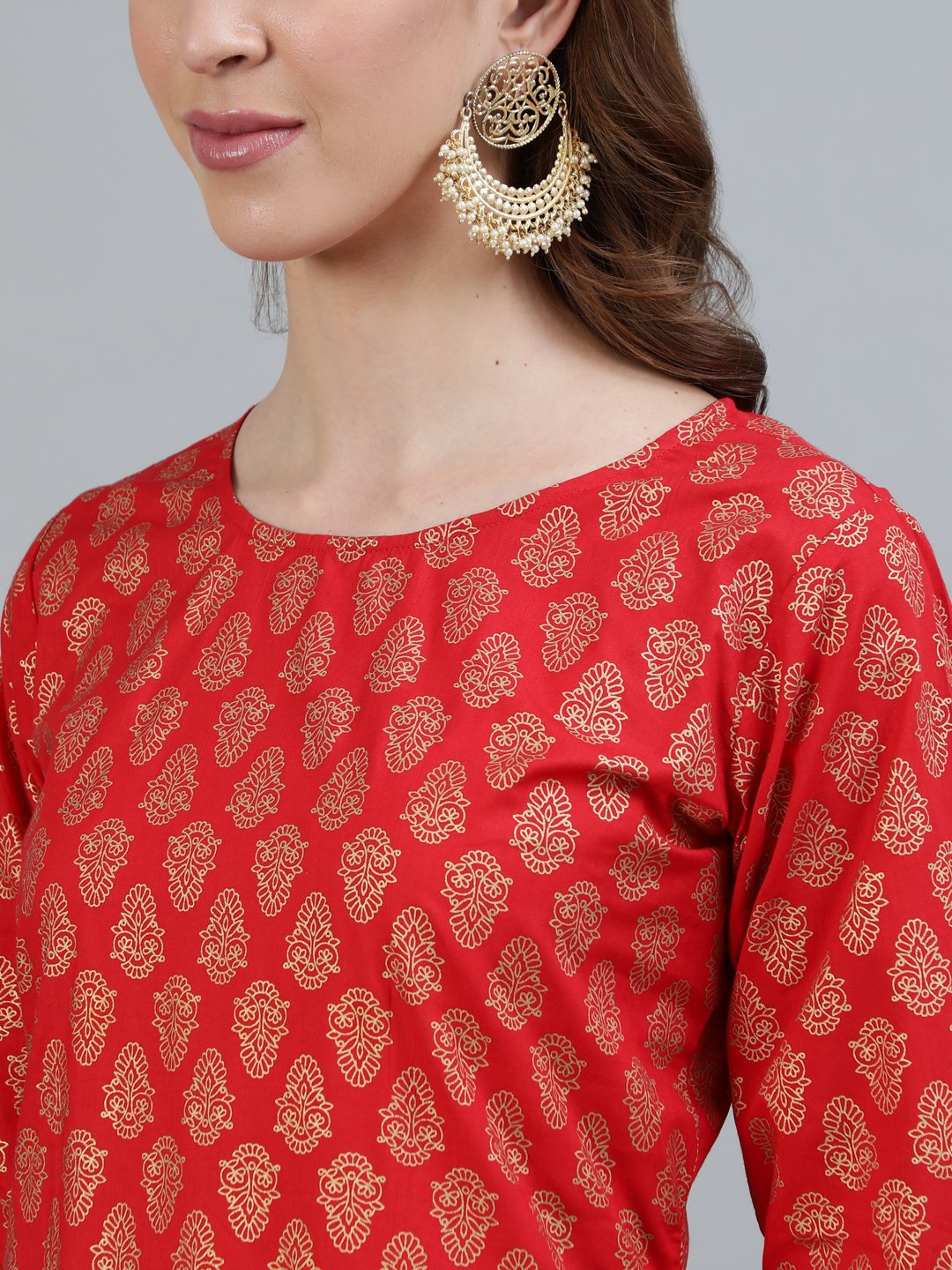 Women Red Printed Straight Kurta With Three Quarter Sleeves | LASVINI - Redefining Indian Fashion with Elegance