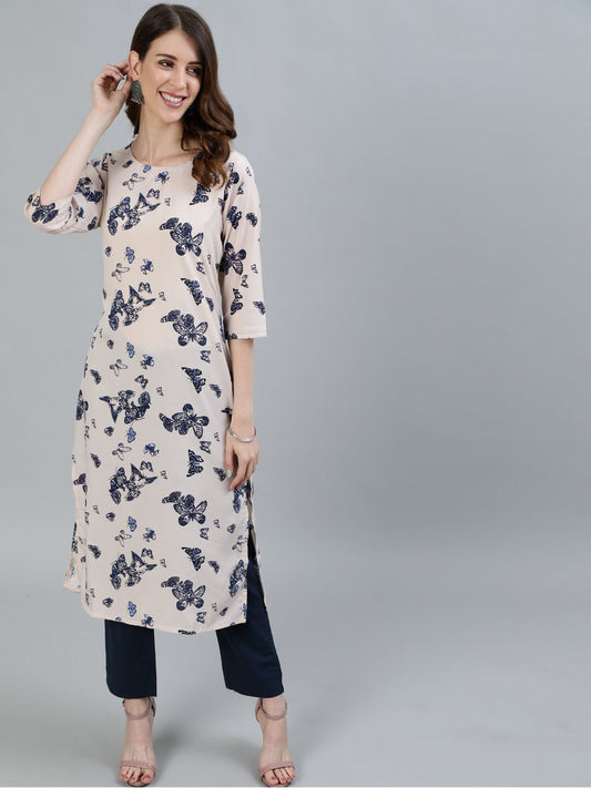 Women Peach Printed Straight Kurta With Three Quarter Sleeves | LASVINI - Redefining Indian Fashion with Elegance