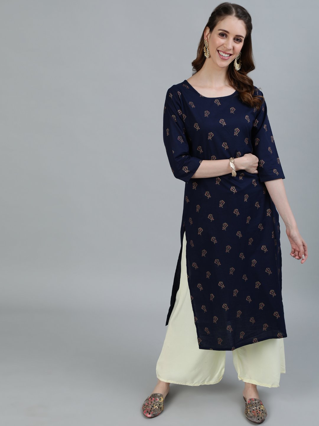Women Navy Blue Printed Straight Kurta With Three Quarter Sleeves | LASVINI - Redefining Indian Fashion with Elegance