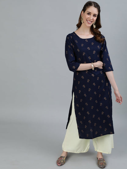 Women Navy Blue Printed Straight Kurta With Three Quarter Sleeves | LASVINI - Redefining Indian Fashion with Elegance