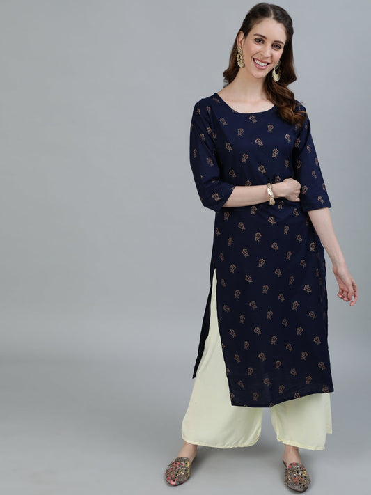 Women Navy Blue Printed Straight Kurta With Three Quarter Sleeves | LASVINI - Redefining Indian Fashion with Elegance