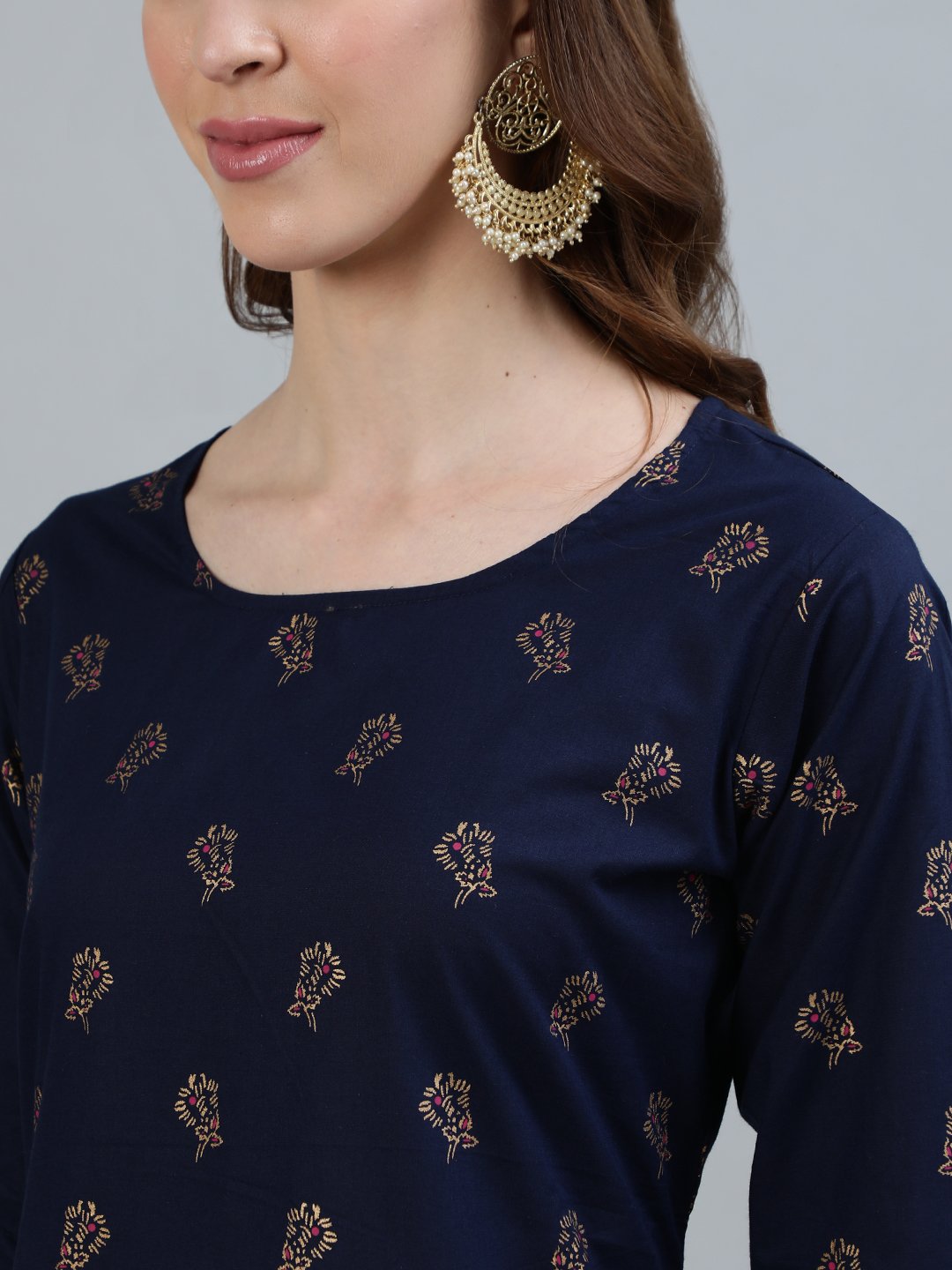 Women Navy Blue Printed Straight Kurta With Three Quarter Sleeves | LASVINI - Redefining Indian Fashion with Elegance
