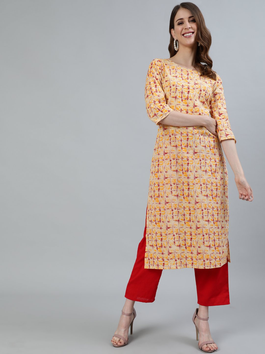 Women Red Printed Straight Kurta With Three Quarter Sleeves | LASVINI - Redefining Indian Fashion with Elegance
