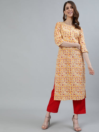 Women Red Printed Straight Kurta With Three Quarter Sleeves | LASVINI - Redefining Indian Fashion with Elegance