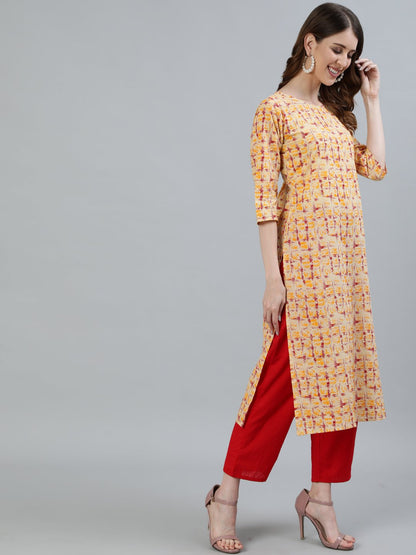 Women Red Printed Straight Kurta With Three Quarter Sleeves | LASVINI - Redefining Indian Fashion with Elegance