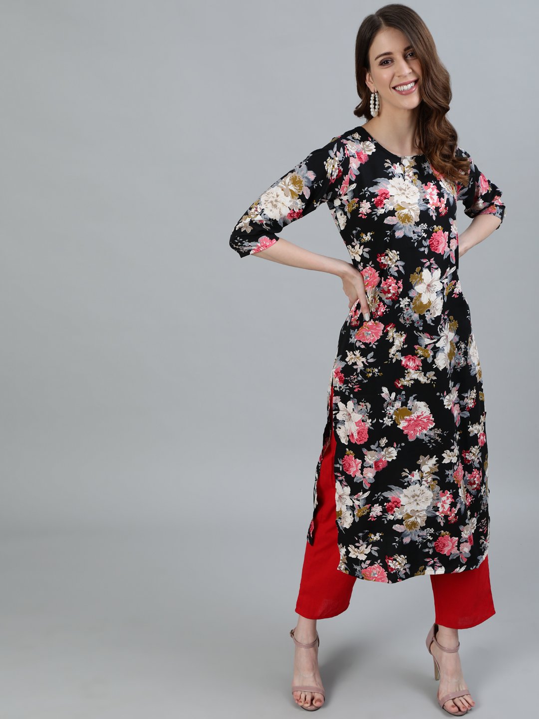 Women Black Floral Printed Straight Kurta With Three Quarter Sleeves | LASVINI - Redefining Indian Fashion with Elegance
