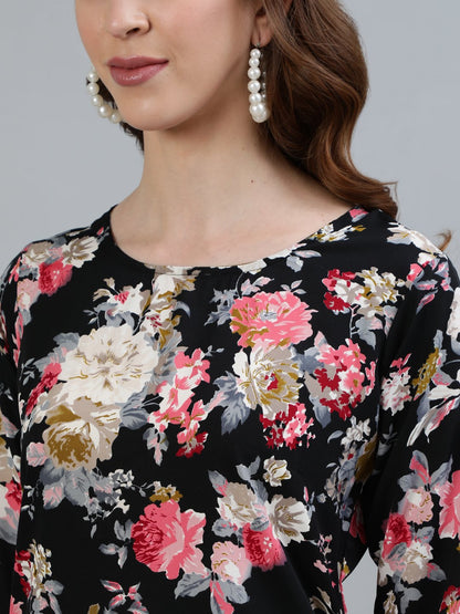 Women Black Floral Printed Straight Kurta With Three Quarter Sleeves | LASVINI - Redefining Indian Fashion with Elegance