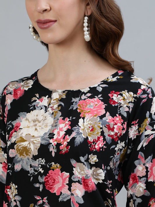 Women Black Floral Printed Straight Kurta With Three Quarter Sleeves | LASVINI - Redefining Indian Fashion with Elegance