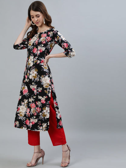 Women Black Floral Printed Straight Kurta With Three Quarter Sleeves | LASVINI - Redefining Indian Fashion with Elegance