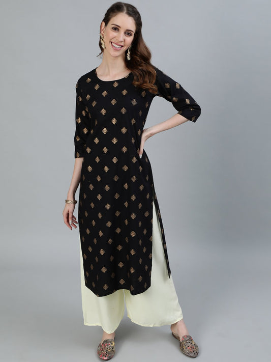 Women Black Printed Straight Kurta With Three Quarter Sleeves | LASVINI - Redefining Indian Fashion with Elegance