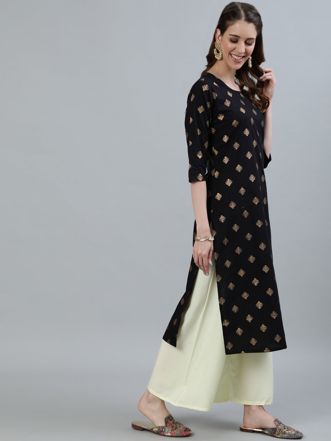 Women Black Printed Straight Kurta With Three Quarter Sleeves | LASVINI - Redefining Indian Fashion with Elegance