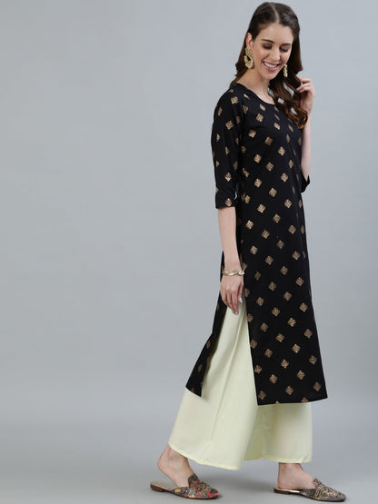 Women Black Printed Straight Kurta With Three Quarter Sleeves | LASVINI - Redefining Indian Fashion with Elegance